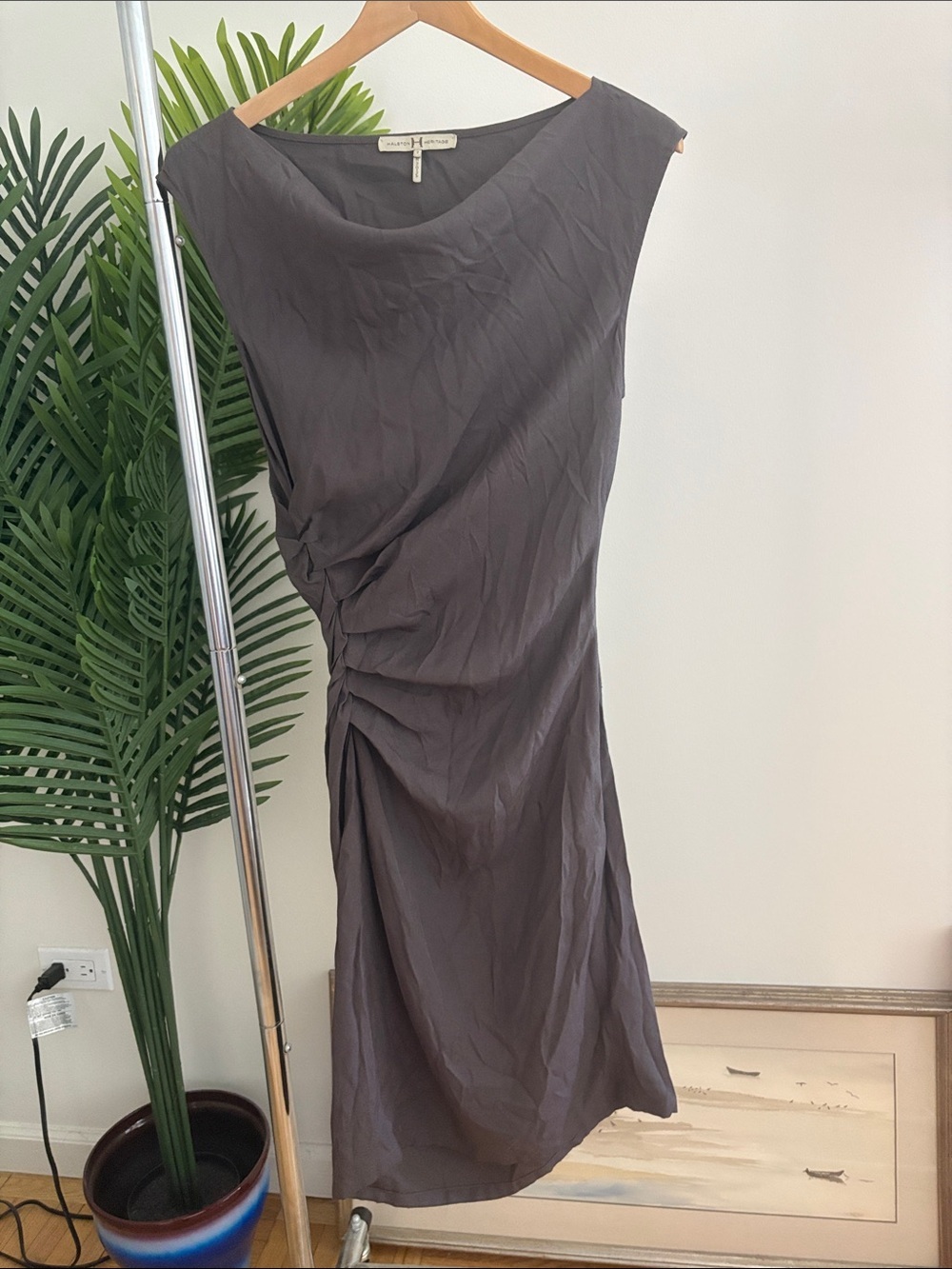 Halston Heritage Grey Stone Ruched Midi Dress, Size 2